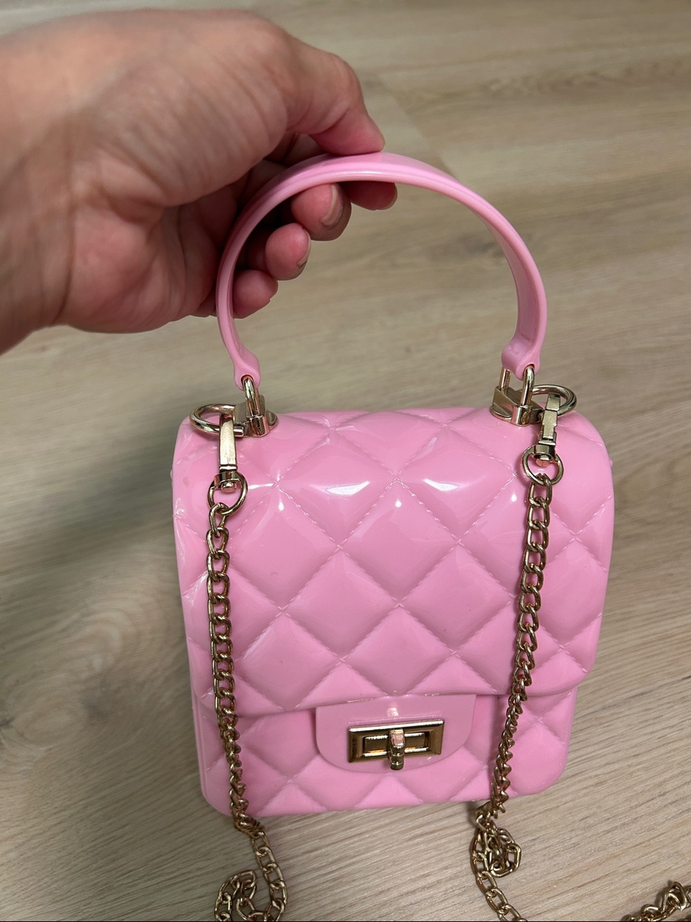 Pink Quilted Mini Jelly Crossbody Bag-Purse with Gold Chain for girls-Women - Picture 7 of 11